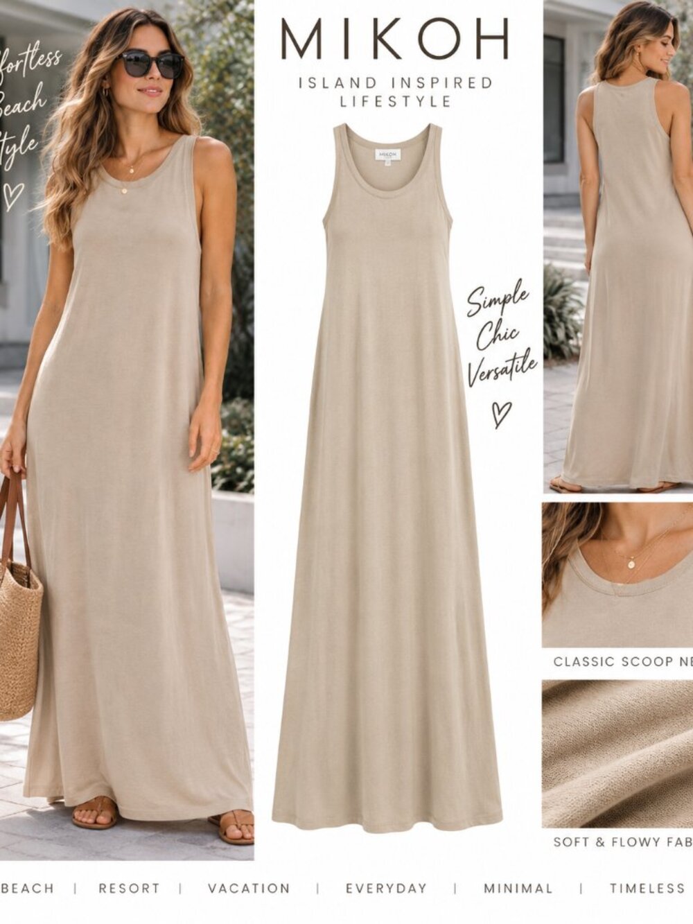 MIKOH Beige Sleeveless Maxi Tank Dress Scoop Neck Resort Minimalist Coastal Chic